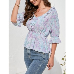 Women's V Neck Half Lantern Sleeve Shirts Babydoll Tops Blouse Casual Tunic Tops - 1 of 4