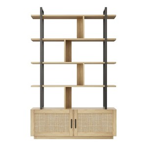 1 Set Particle Board and Metal Layered Rattan Woven Bookshelf with Storage Shelf - 1 of 4