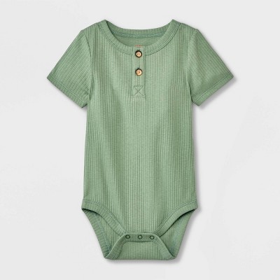 Image of Baby Ribbed Henley Short Sleeve Bodysuit - Cat & Jack™ Olive Green 3-6M