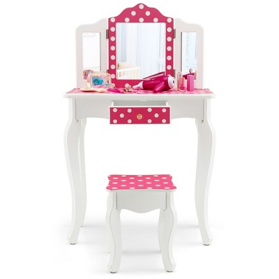 Pink Polka Dot Kids Vanity Set with Tri-Folding Mirror and Stool