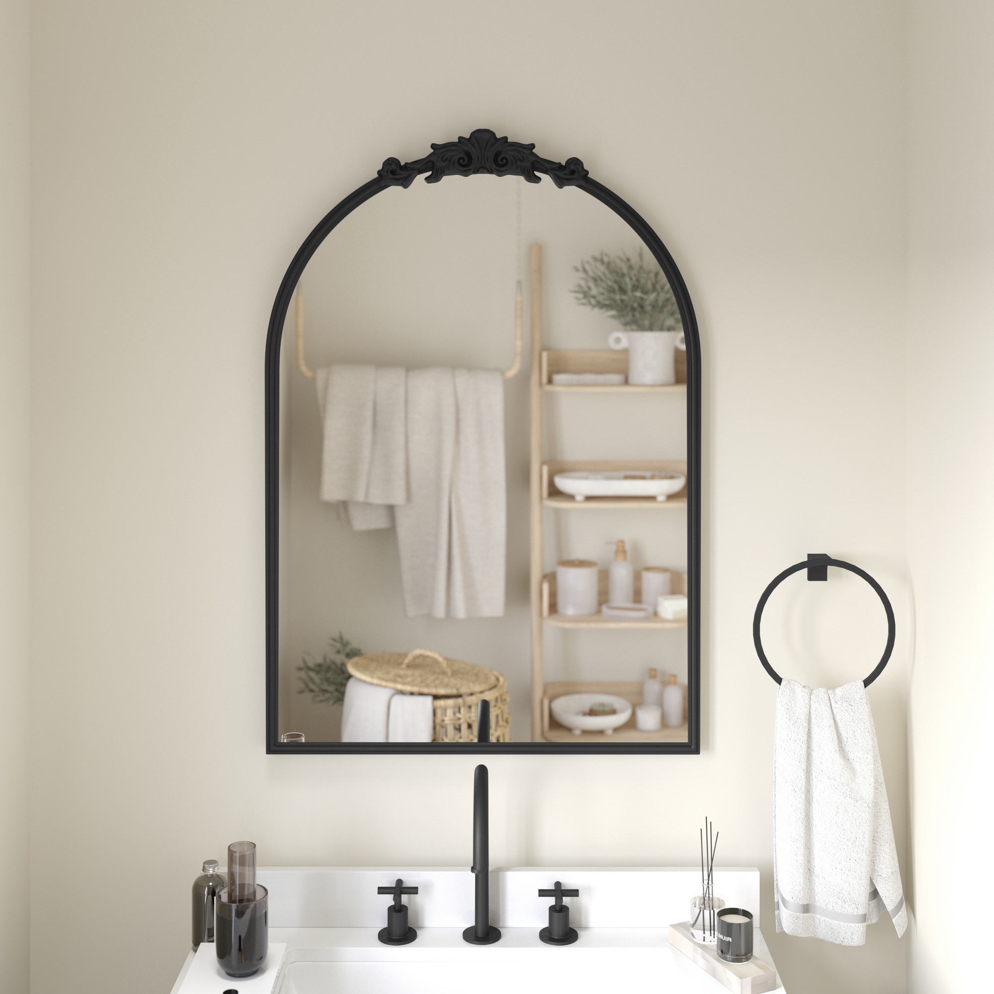 35"x24" Arched Wall Mirror with Black Metal Frame and Aluminum Backed Glass