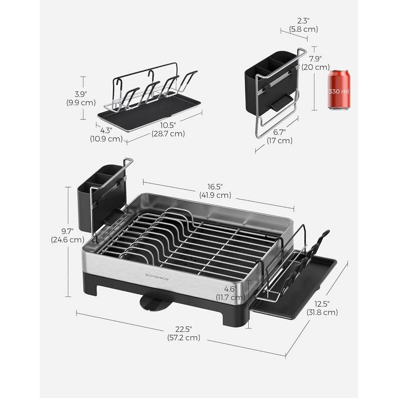 SONGMICS Dish Drying Rack, Stainless Steel Dish Rack with Rotatable Spout, Drainboard, Fingerprint-Resistant Dish Drainers for Kitchen Counter, 4 of 11