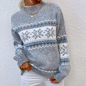 Coolmee Women's Casual Snowflake Print Knitted Pullover Sweaters Long Sleeve Crew Neck Jumper Tops - 1 of 4