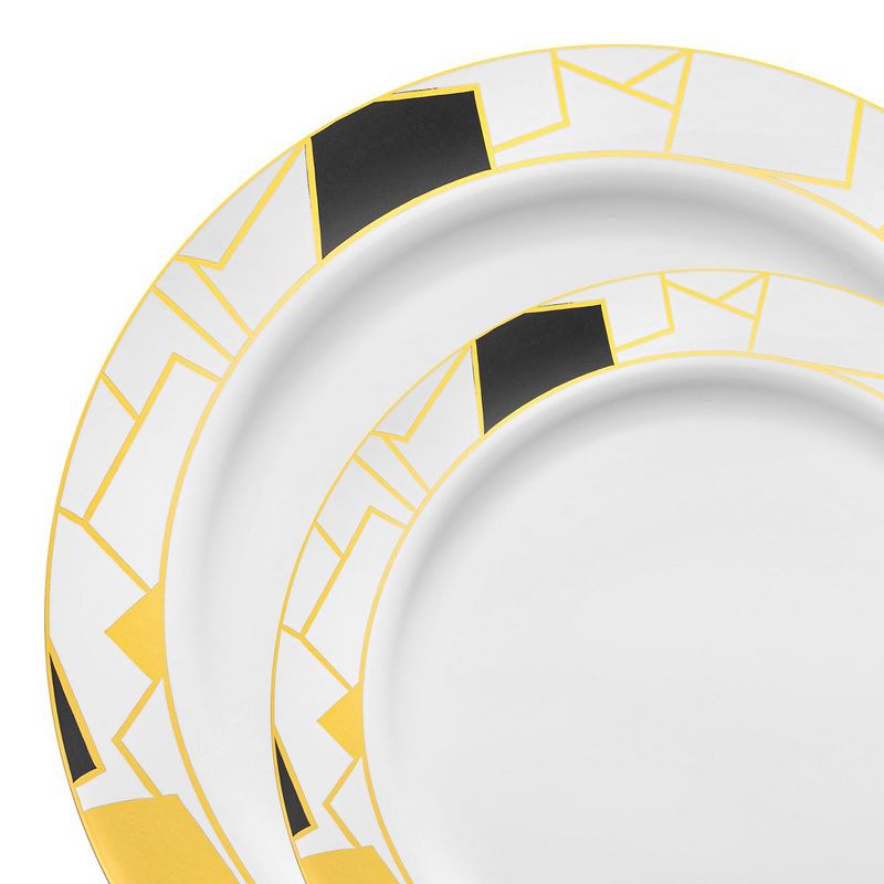 Smarty Had A Party White with Black and Gold Abstract Squares Pattern Round Plastic Dinnerware Value Set (120 Settings), 1 of 3