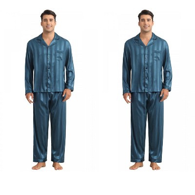 INSPIRE CHIC Men's 2 Pack Satin Long Sleeve Striped Button Down Pajamas Set