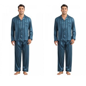 INSPIRE CHIC Men's 2 Pack Satin Long Sleeve Striped Button Down Pajamas Set - 1 of 4