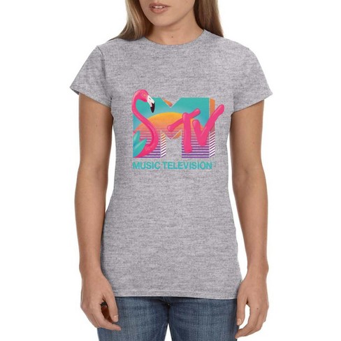 Mtv Womens' Music Television Vaporwave Flamingo Icon '80s Crewneck T-shirt  Grey : Target