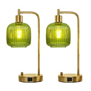 Itopfox Industrial Table Lamp Set of 2 Green Glass USB A&C Ports Stepless Dimmable Gold Nightstand Lamps for Bedroom, Living Room, Office, Home Decor - 1 of 4