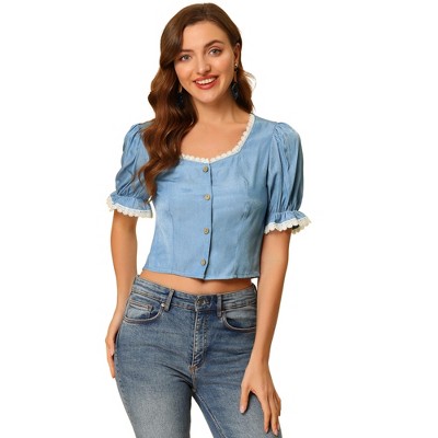 Allegra K Women's Square Neck Lace Panel Button Front Elegant Tops
