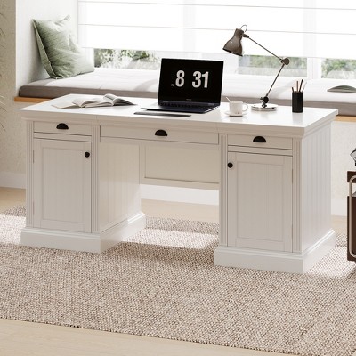 68”W Modern Executive Desk Office Desk Computer Desk Reading Desk Writing Table Workstation with 3 Drawers and 2 Storage Cabinet, White-ModernLuxe