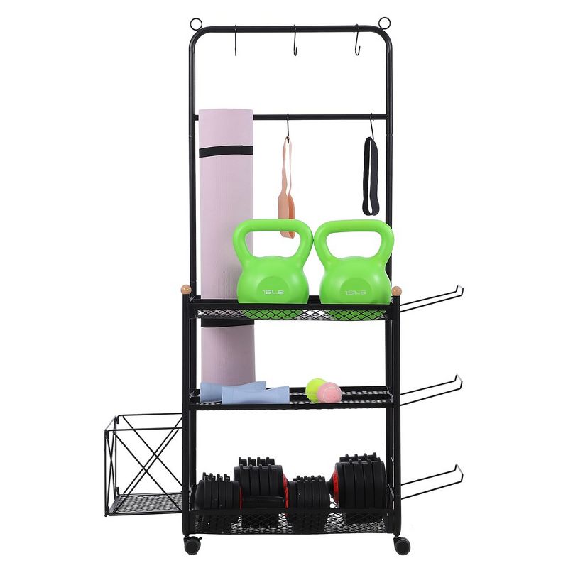 Yoga Mat Storage Racks with Hooks and Wheels, 3 Tier Movable Equipment Storage Organizer, Home Gym Storage Rack for Dumbbell Kettlebell Yoga, 1 of 6