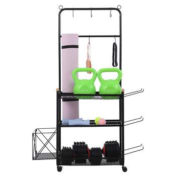 Yoga Mat Storage Racks with Hooks and Wheels, 3 Tier Movable Equipment Storage Organizer, Home Gym Storage Rack for Dumbbell Kettlebell Yoga