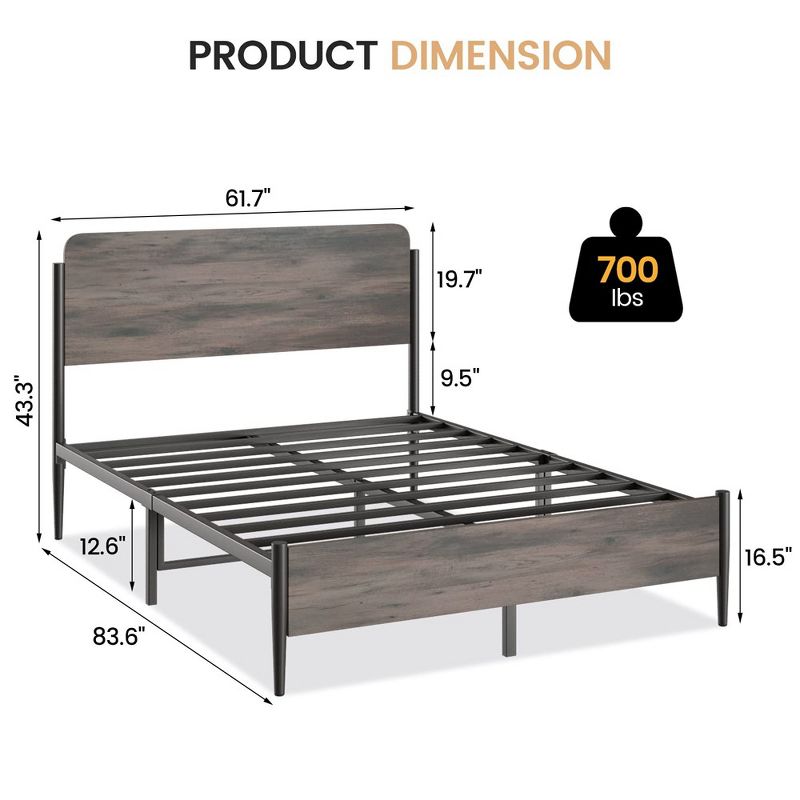 Queen Bed Frame with Wooden Look Headboard, Metal Bed Frame with Under Bed Storage, No Box Spring Needed, Walnut Color, 2 of 10