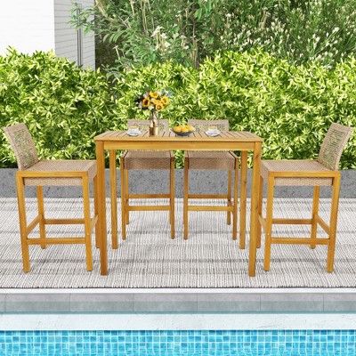 Set of 4 Light Brown PE Rattan and Acacia Wood Barstools