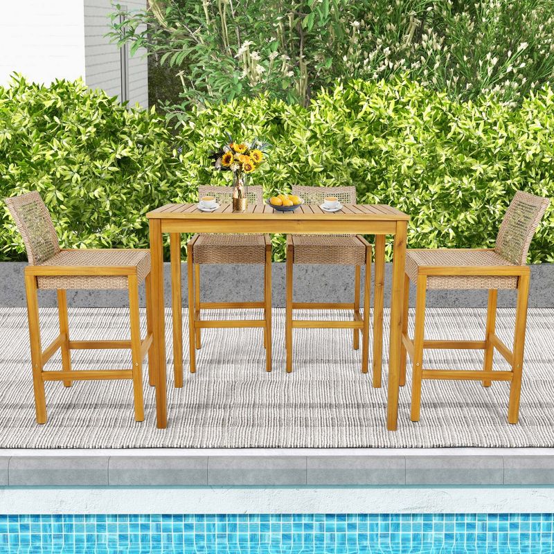 Costway Set of 4 Patio Wood Barstools Rattan Bar Height Chairs with Backrest Porch Balcony, 2 of 9