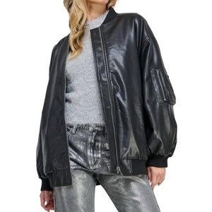 Women's Zip Up Pockets PU Faux Leather Bomber Jacket - Miss Love - 1 of 4