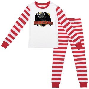 How To Train Your Dragon Toothless Long Sleeve Shirt & Red & White Striped Sleep Pajama Pants Set - 1 of 2