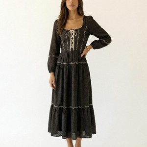 Knit & Lounge Womens Floral Embroidered Lace-Up Smocked Back Flared Long  Sleeve Midi Dress- Small ,Black