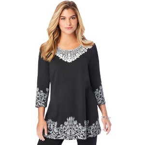 Roaman's Women's Plus Size Printed Lace Scoopneck Tunic - 1 of 4