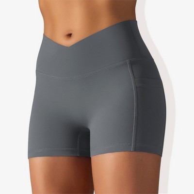 Anna-Kaci Active Women's V-Cross Front Wide Band Stretchy Side Pocket Detail Biker Shorts
