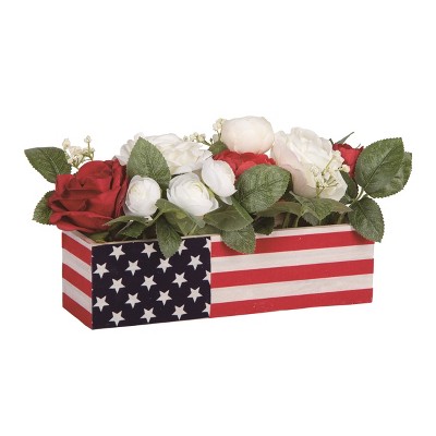 Transpac Fabric/Canvas 16" Red White and Blue 4th of July Patriotic Peony and Rose Arrangement