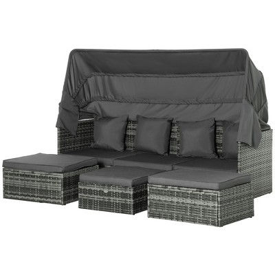 Gray Steel 4-Piece Outdoor Rattan Sofa Set with Adjustable Canopy