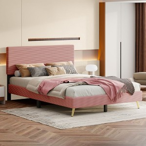 NicBex Queen Upholstered Platform Bed Frame with Horizontal Stripe Corduroy Headboard,No Box Spring Needed,Easy Assembly,Beige/Pink - 1 of 4