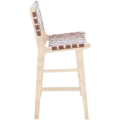 Cognac Leather and Natural Wood Counter Stool