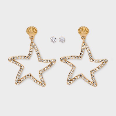 Seashell Starfish and Cubic Zirconia Earring Set 2pc - Wild Fable™ Gold