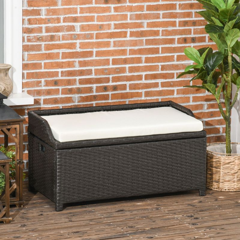 Outsunny Storage Bench Rattan Wicker Garden Deck Box Bin with Interior Waterproof Bag and Comfy Cushion, Cream White, 3 of 8