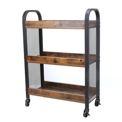 3 Tier Wood And Metal Kitchen Cart With Mesh Side Panel Brown Black Benzara Target