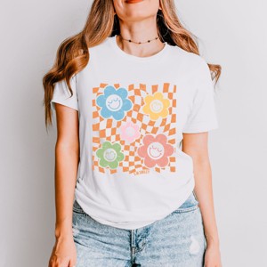 Simply Sage Market S.W.Smiley Checkered Flowers And Smiley Short Sleeve Tee - 1 of 4