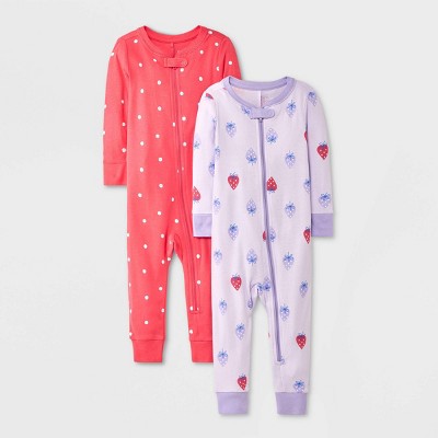 Baby Girls' 2pk Strawberry Dots Tight Fit Pajama Romper - Cat & Jack™ Purple 12M