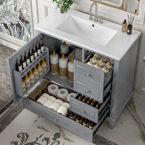 Whisen 24" Bathroom Vanity with Sink, Drawers & Storage Shelves, Ceramic Top with MDF/Solid Wood Base - 1 of 4