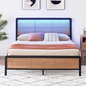 Bed Frame with Rattan, Iron Bed Frame with Under Bed Storage Space, Metal Platform Bed with Headboard - 1 of 4