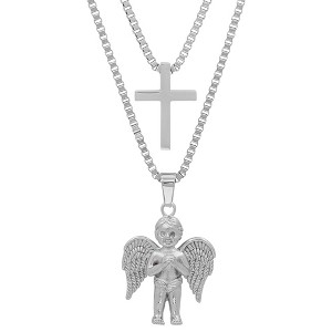 Steeltime 30" Men's stainless steel double layered cross and angel necklace - 1 of 2