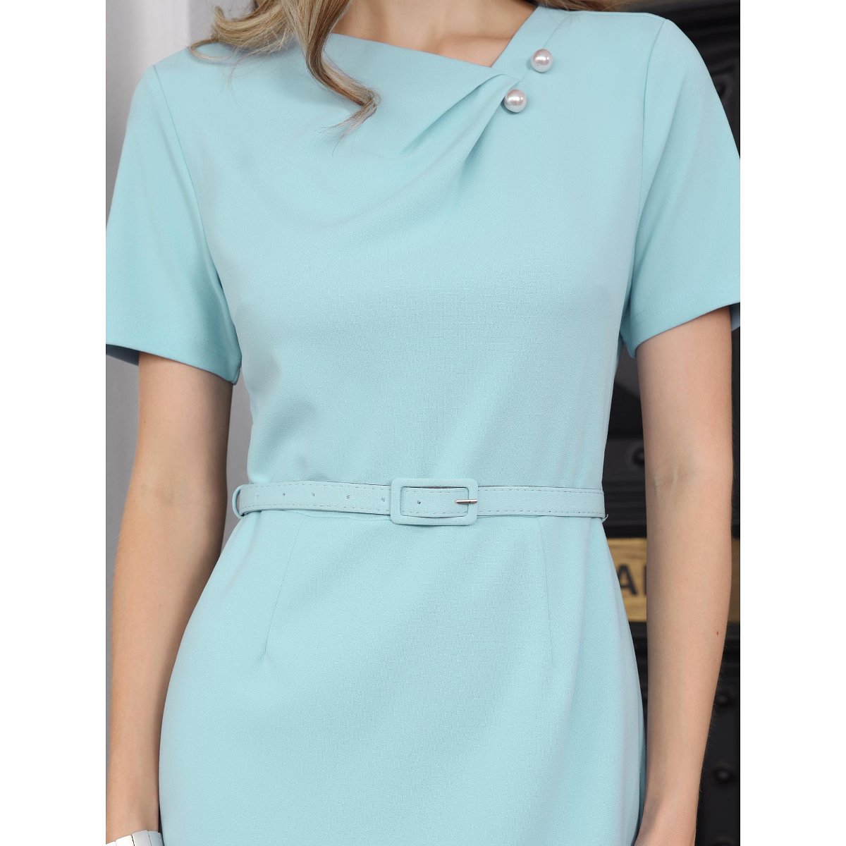 Женские платья INSPIRE CHIC Women's Short Sleeve Asymmetrical Neck Beaded Business Belted A-Line Midi Dresses Medium Light Blue — фото 4