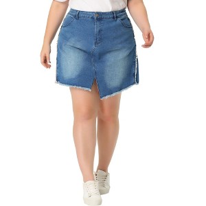 Agnes Orinda Women's Plus Size Denim Asymmetrical Slit Fashion Pockets Raw Hem Mini Skirts - 1 of 4