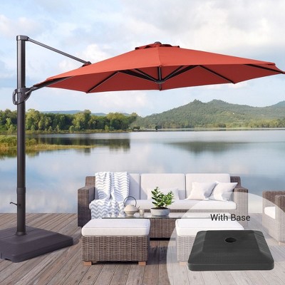 Sonkuki 11FT Outdoor Cantilever Patio Umbrella w/Base and Aluminium Pole, 360° Rotation and Infinite Canopy Angle Adjustment