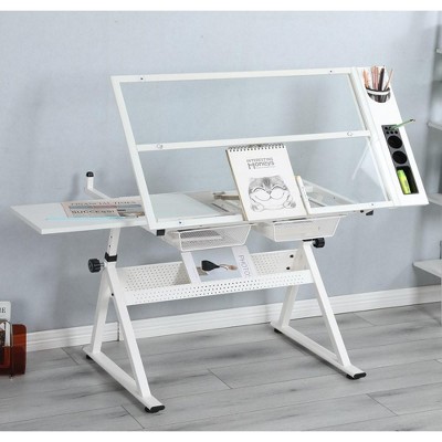 Drafting Printing Table With Chair 0-75° 31.5"(2.63ft)-49.5"9(4.13ft) Adjustable Height Tempered Glass Drawing Table