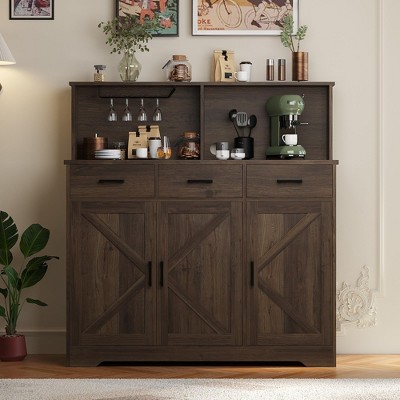 Farmhouse Sideboard Buffet with Microwave Stand, Barn Doors Buffet Storage Cabinet with Drawers and Shelves, Wood Coffee Bar Cabinet