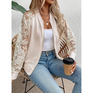 Women's Casual Lace Stitching Coat Long Sleeve Sheer Jacket Zipper Front Baseball Collar Tops Jacket Top Coat - 1 of 4