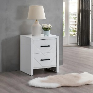ORRD 2-Drawer Nightstand, Fully Assembled White Bedside Table with V-Shape Embossed Drawers & Black Handles - 1 of 4
