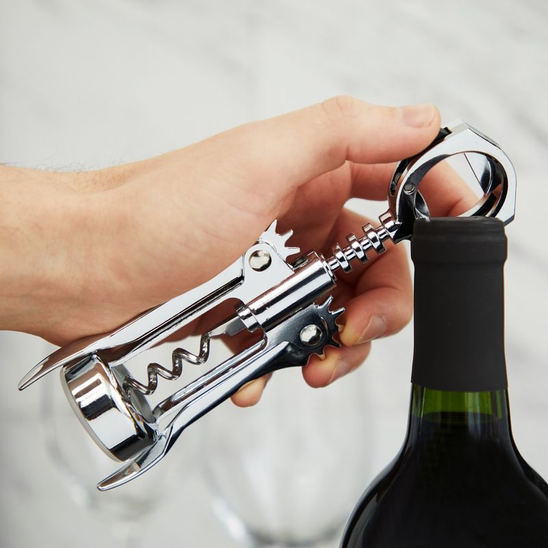 True Foil Cutting Winged Corkscrew with Built-In Foil Cutter and Bottle Opener, Metal Wine Key Self Centering Worm, Silver, Set of 1, 5 of 8