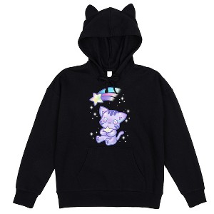 Cat Ear Kawaii Cat and Shooting Star Cosplay Women's Black Hoodie with Ears - 1 of 3