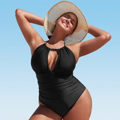 Women's Black Plus Size One Piece Ruched Cutout High Neck Bathing Suit -Cupshe