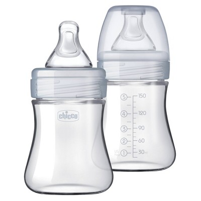 Chicco 2pk Duo Hybrid Baby Bottle with Invinci-Glass Inside/Plastic Outside with Slow Flow Anti-Colic Nipple - Clear/Gray - 5oz