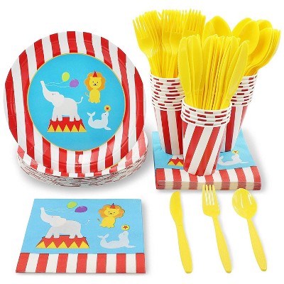 Juvale Circus Animals Party Supplies for Kids Birthdays and Baby Showers - Plates, Knives, Spoons, Forks, Napkins, and Cups, Serves 24