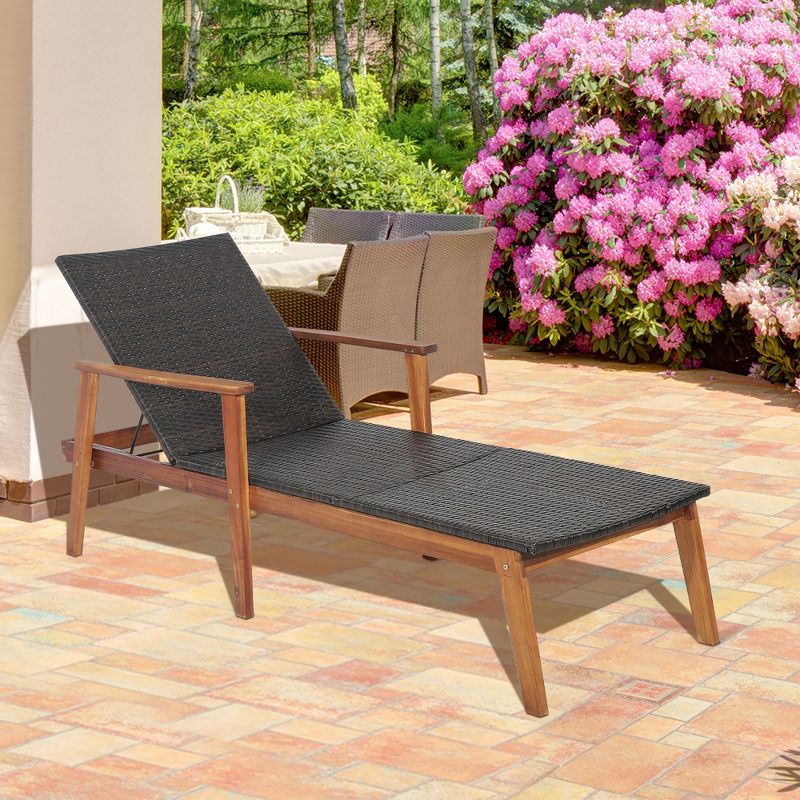 Tangkula Adjustable Patio Rattan Lounge Chair  Recliner Outdoor Chaise Acacia Wood Frame, 3 of 10