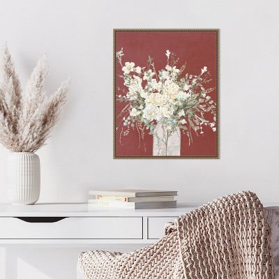 Beaded Gold Framed Floral Canvas Wall Art with Glass Vase